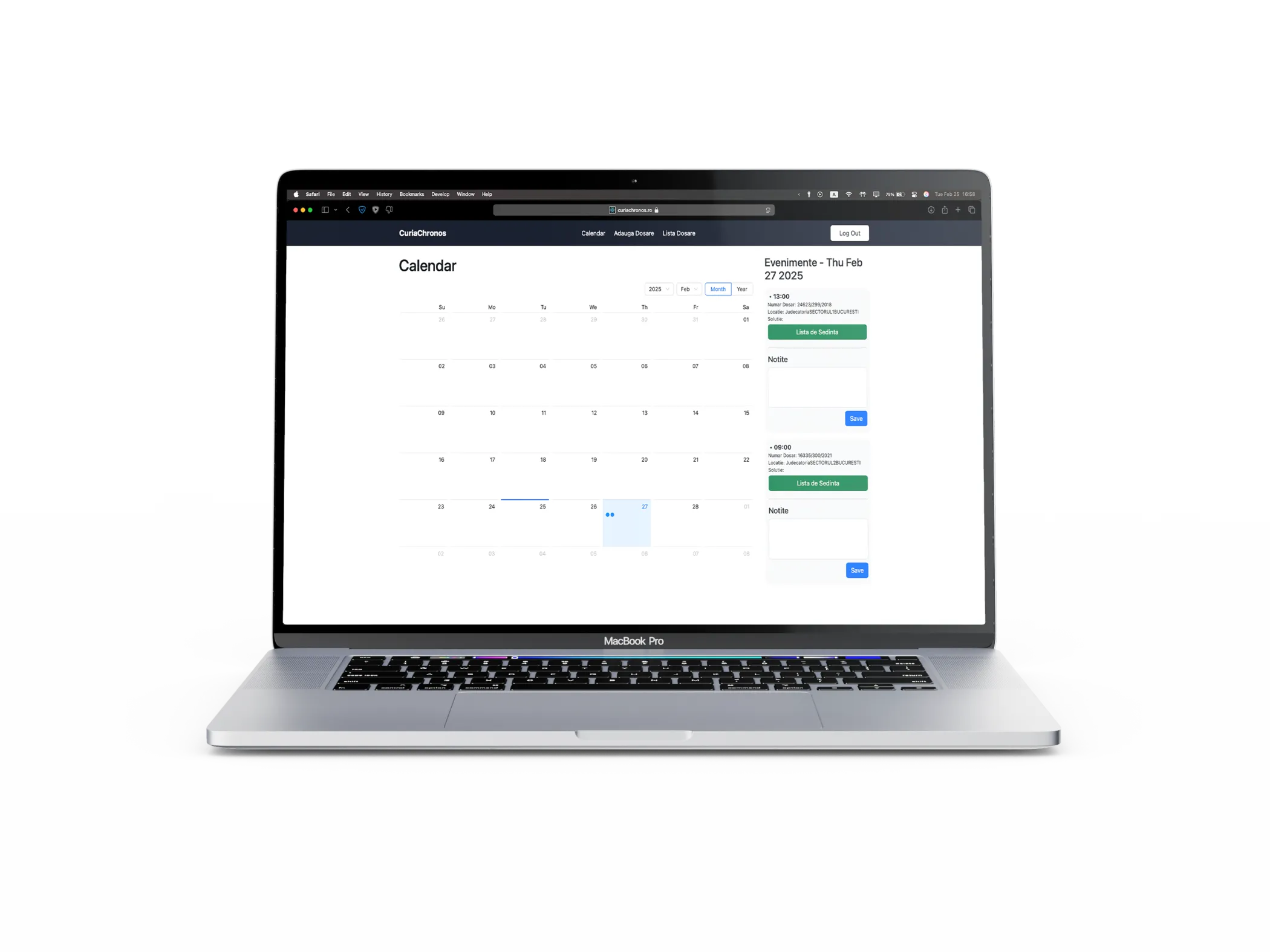 Imagine laptop cu aplicatia CuriaChronos