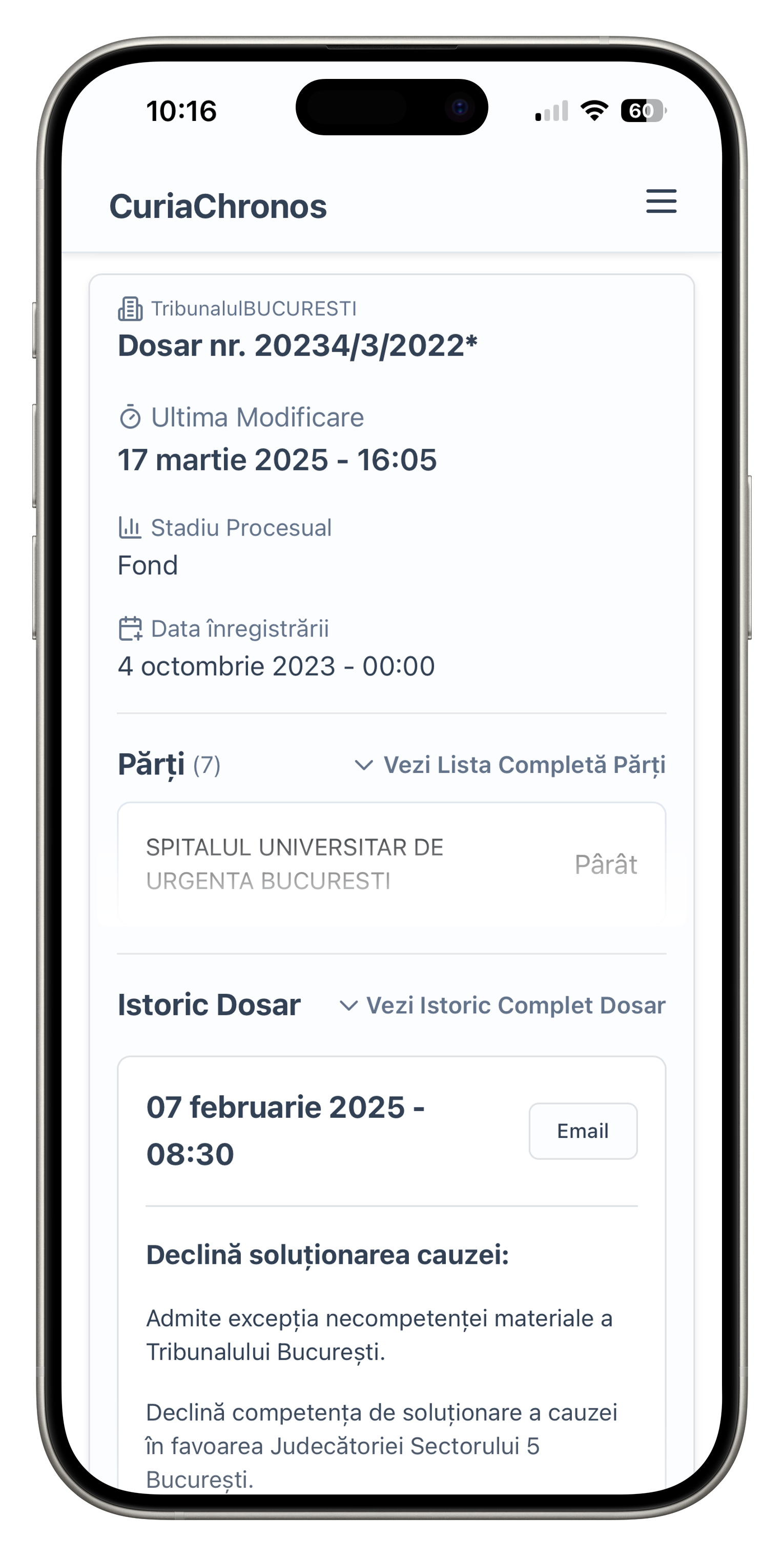 Aplicația CuriaChronos pe telefon